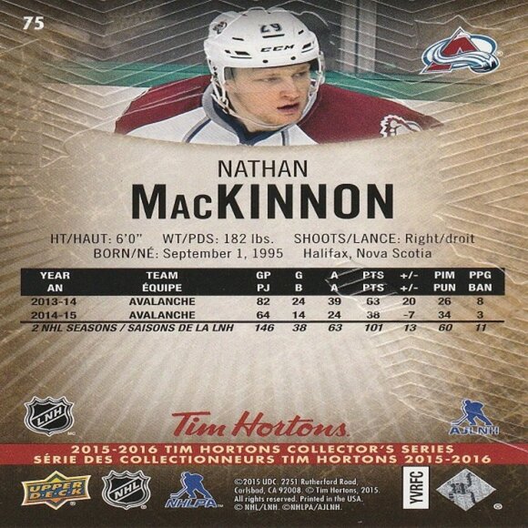Nathan MacKinnon (Colorado Avalanche) 2015/2016 Tim Hortons Collector's Card - Picture 2 of 2
